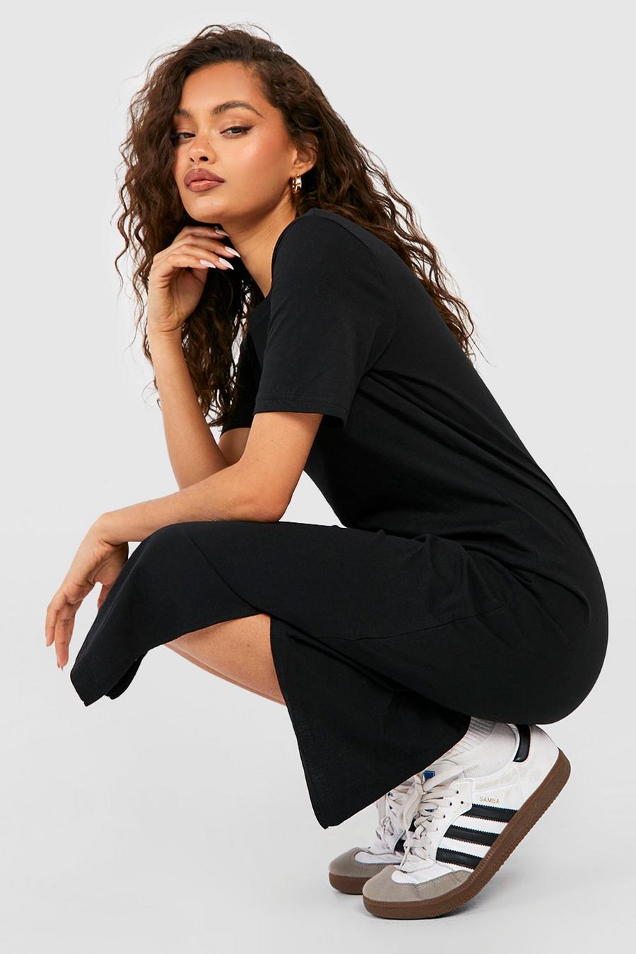 Black Short Sleeve Basic Midi Dress image number 1