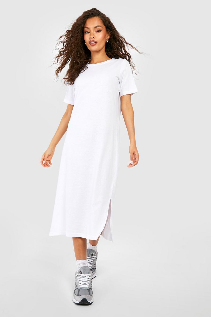 White Short Sleeve Basic Midi Dress