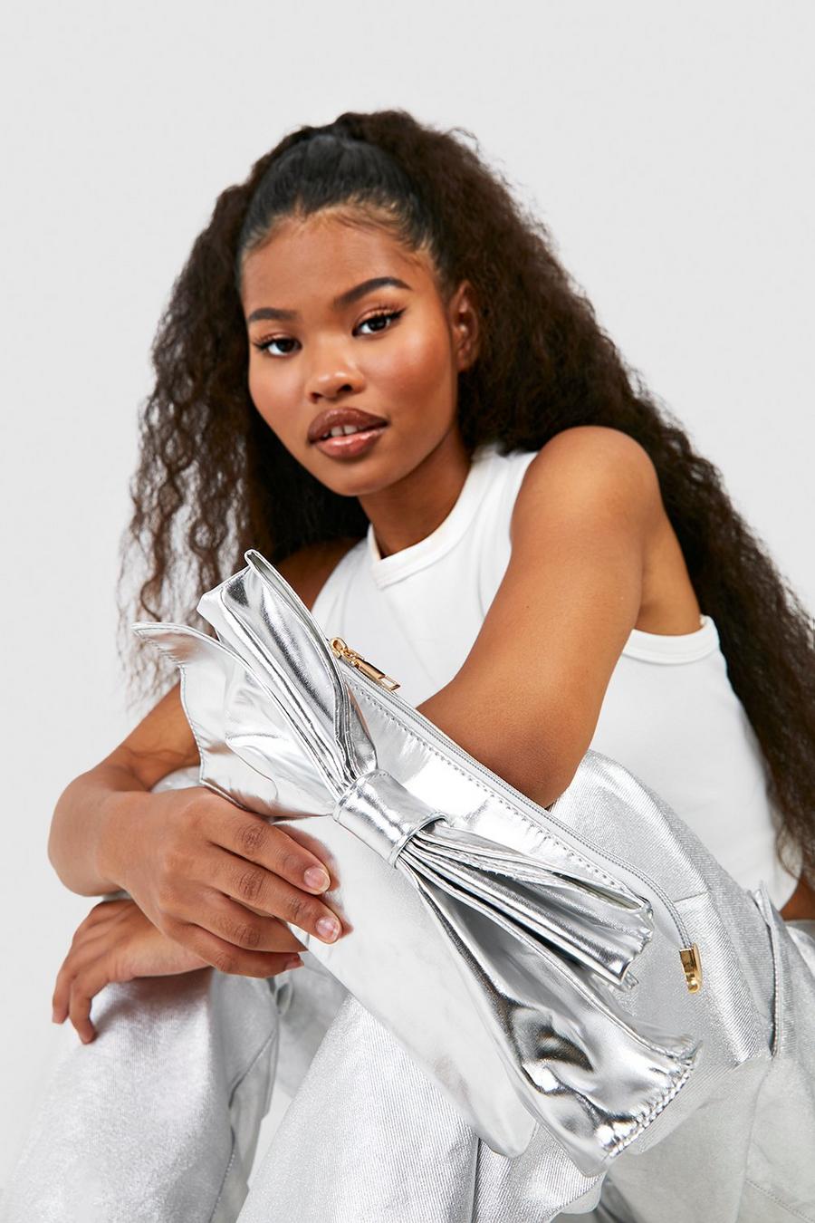 Silver Oversized Metallic Bow Detail Clutch Bag