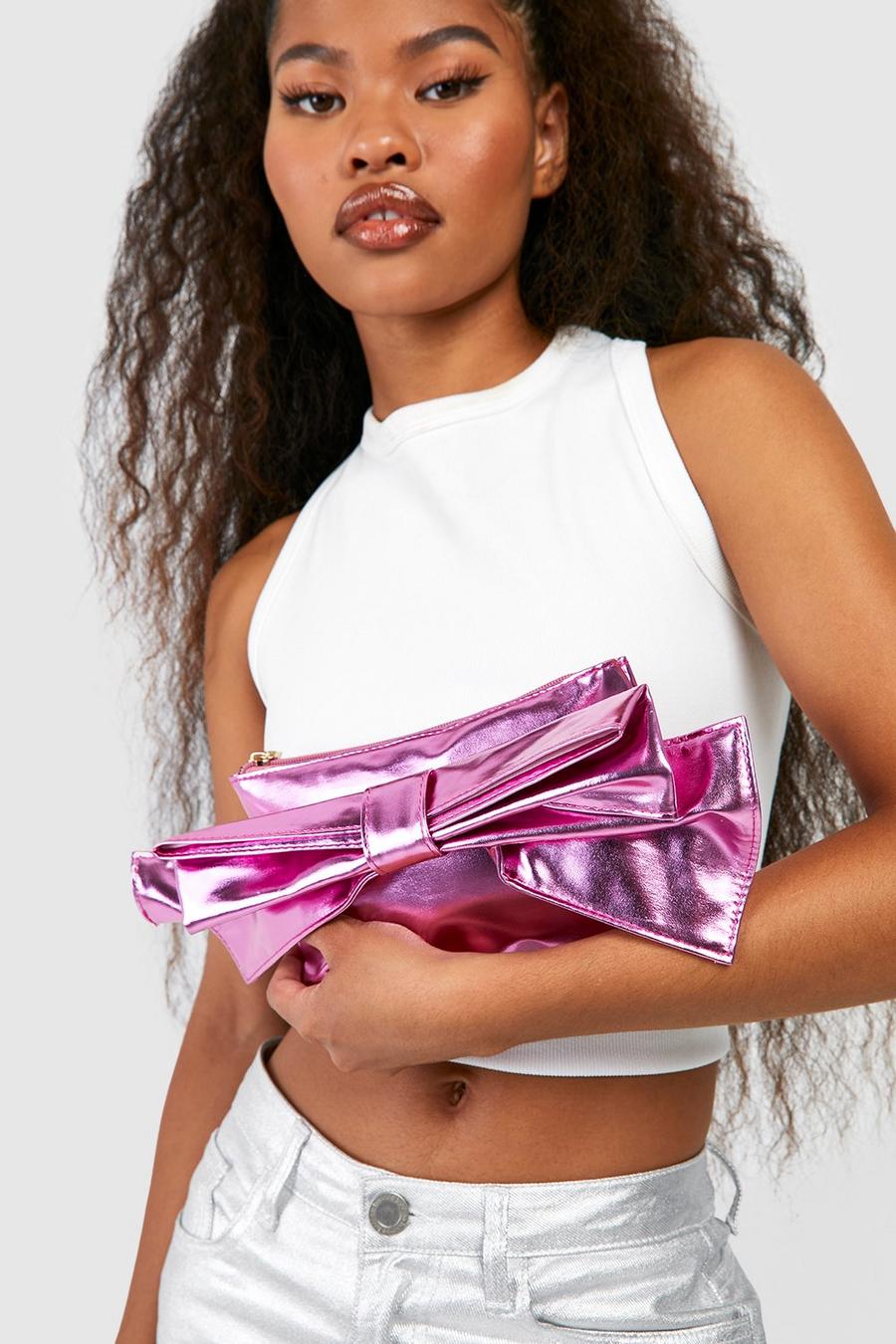 Pink Oversized Metallic Bow Detail Clutch Bag 