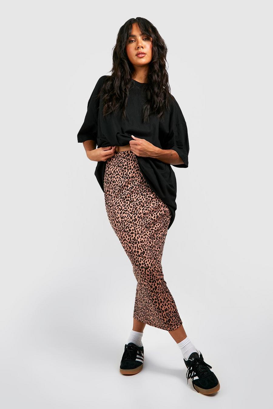 Falda midi de canalé con estampado de leopardo, Stone image number 1
