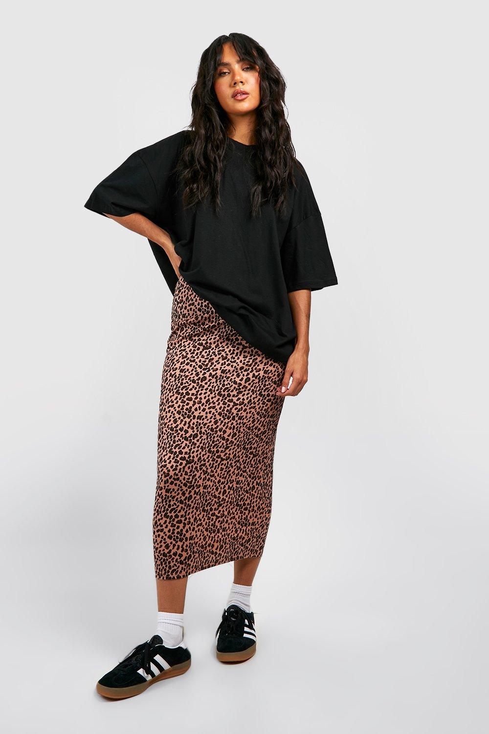 Women s Leopard Ribbed Midi Skirt Boohoo UK