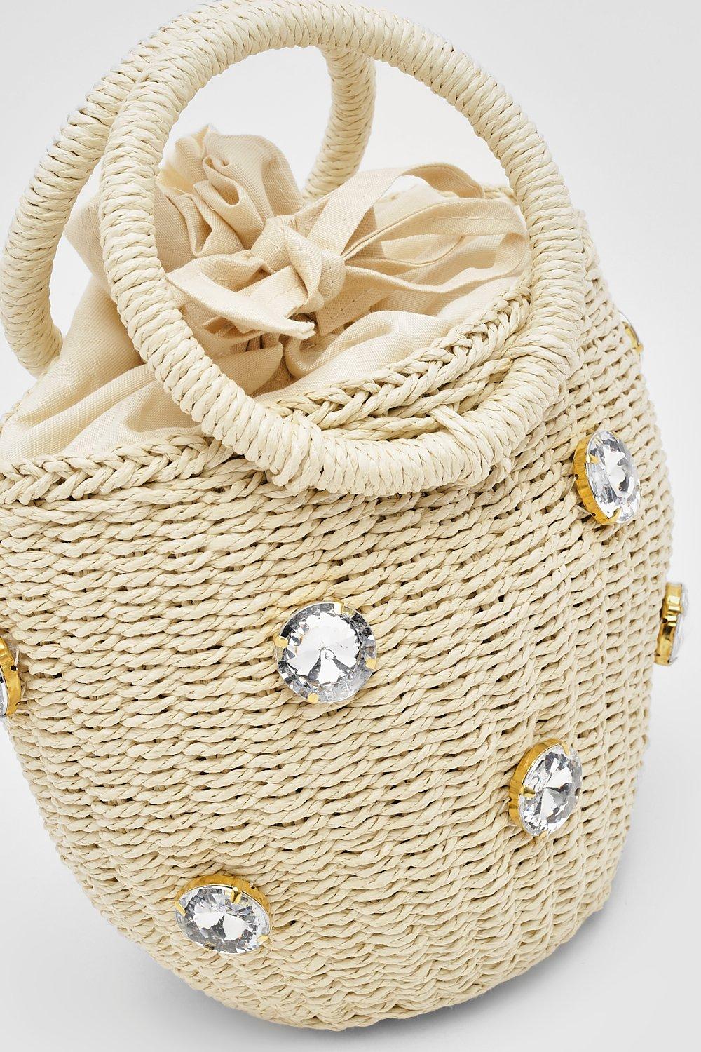 Straw Diamante Bucket Bag boohoo IE