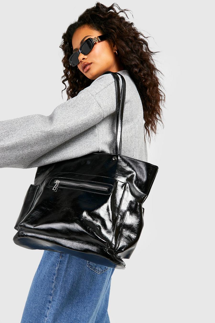 Black Zip And Stud Detail Oversized Tote Bag image number 1