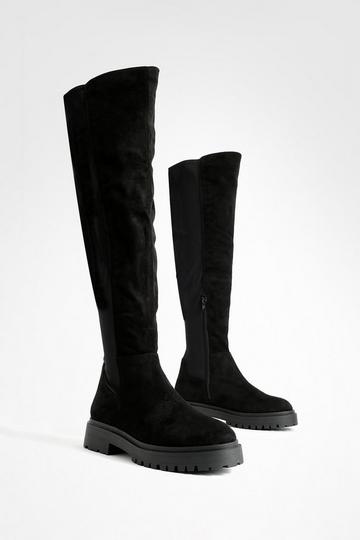 Black Wide Fit Faux Suede Stretch Panel Over The Knee Boots