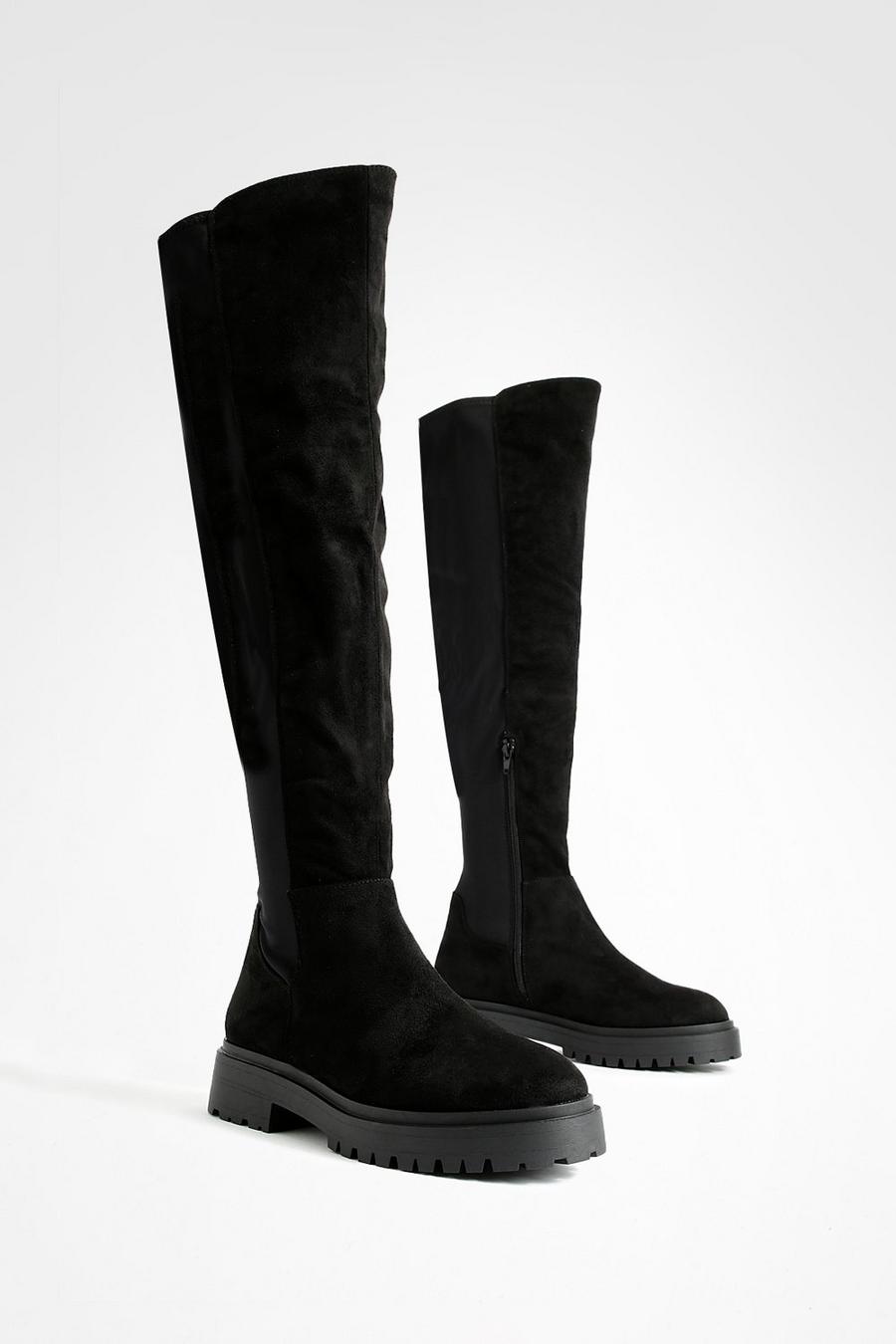 Black Wide Width Stretch Panel Over The Knee Boots