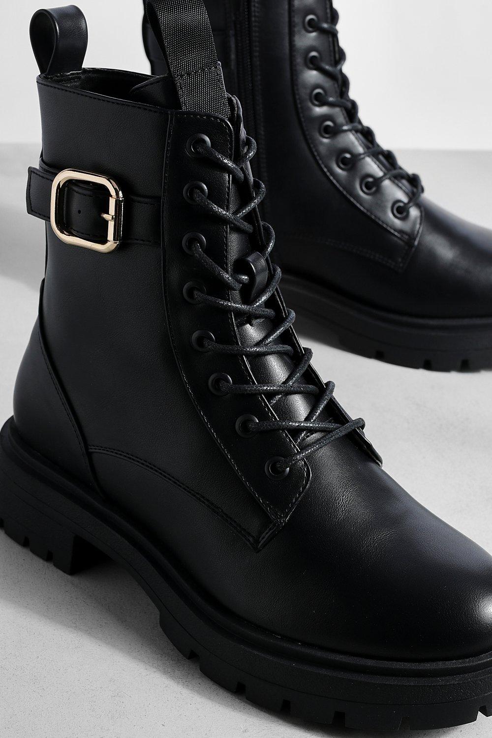 Buckle Detail Lace Up Combat Boots