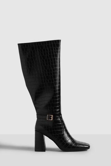 Black Buckle Detail Block Heel Knee High Boots