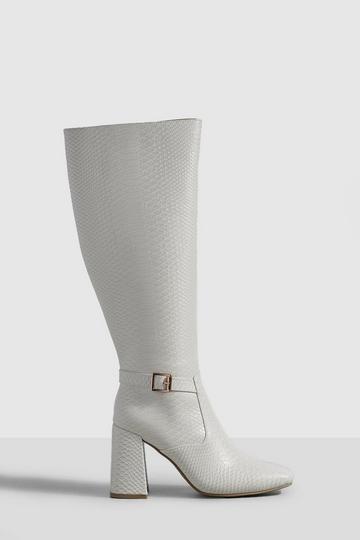 Cream White Buckle Detail Block Heel Knee High Boots