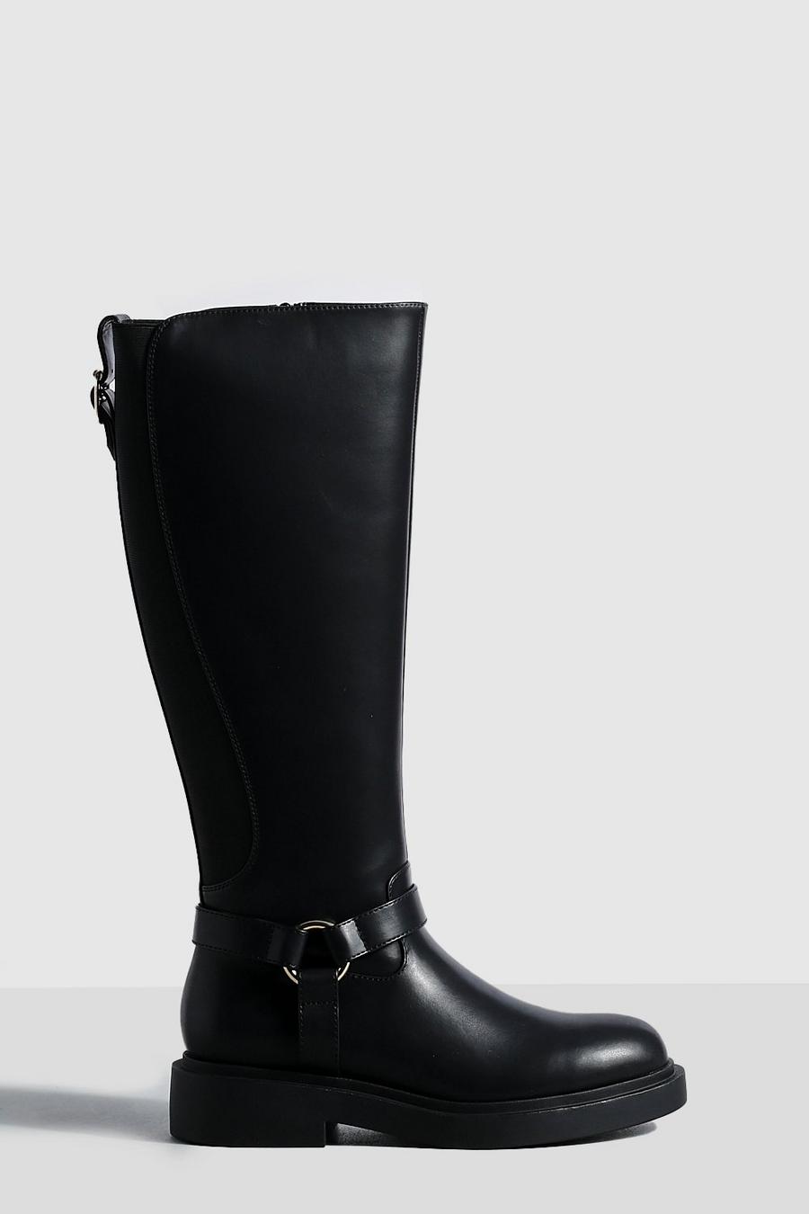 Black schwarz Hardware Detail Chunky Knee High Boots