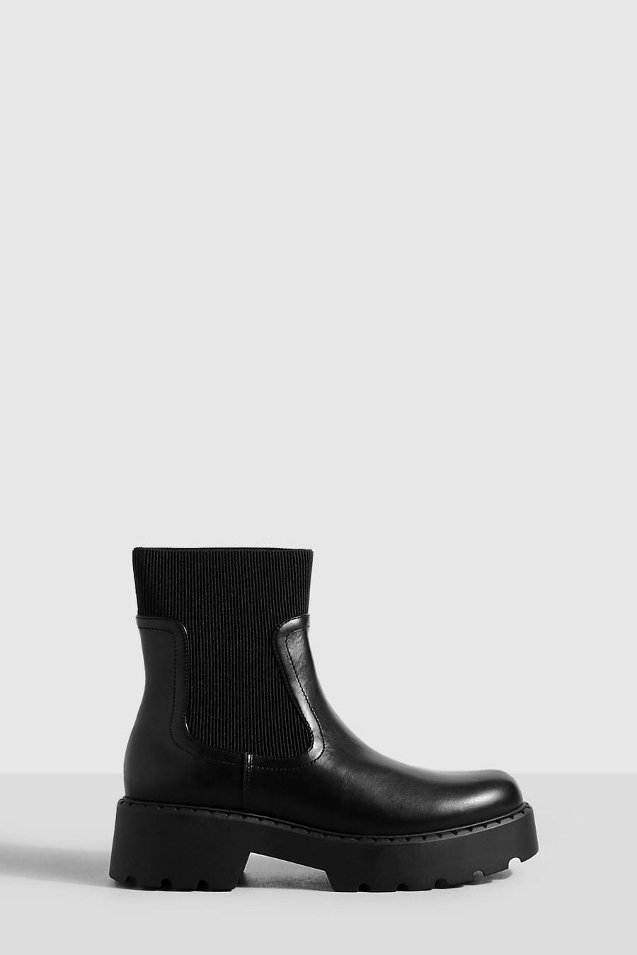 Black Elastic Panel Chunky Chelsea Boots