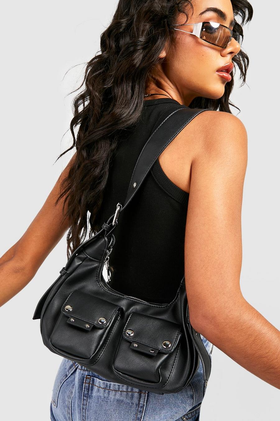 Double Pocket Stud Detail Shoulder Bag