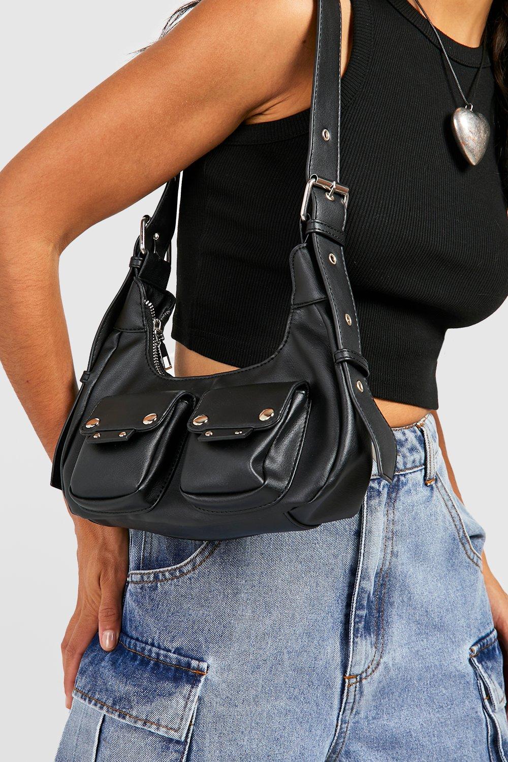 Double Pocket Stud Detail Shoulder Bag