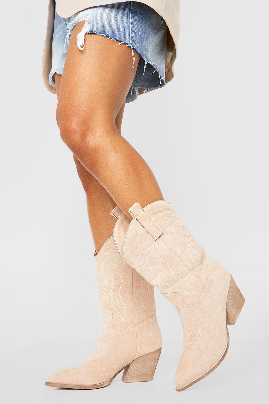 Beige Tab Detail Embroidered Western Cowboy Boots