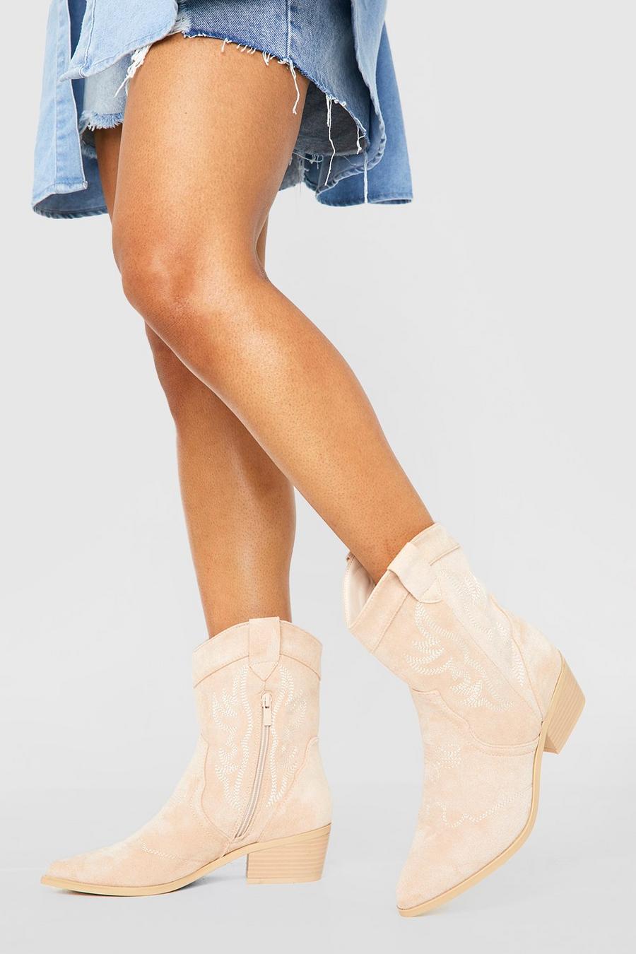 Beige Embroidered Western Ankle Cowboy Boots   