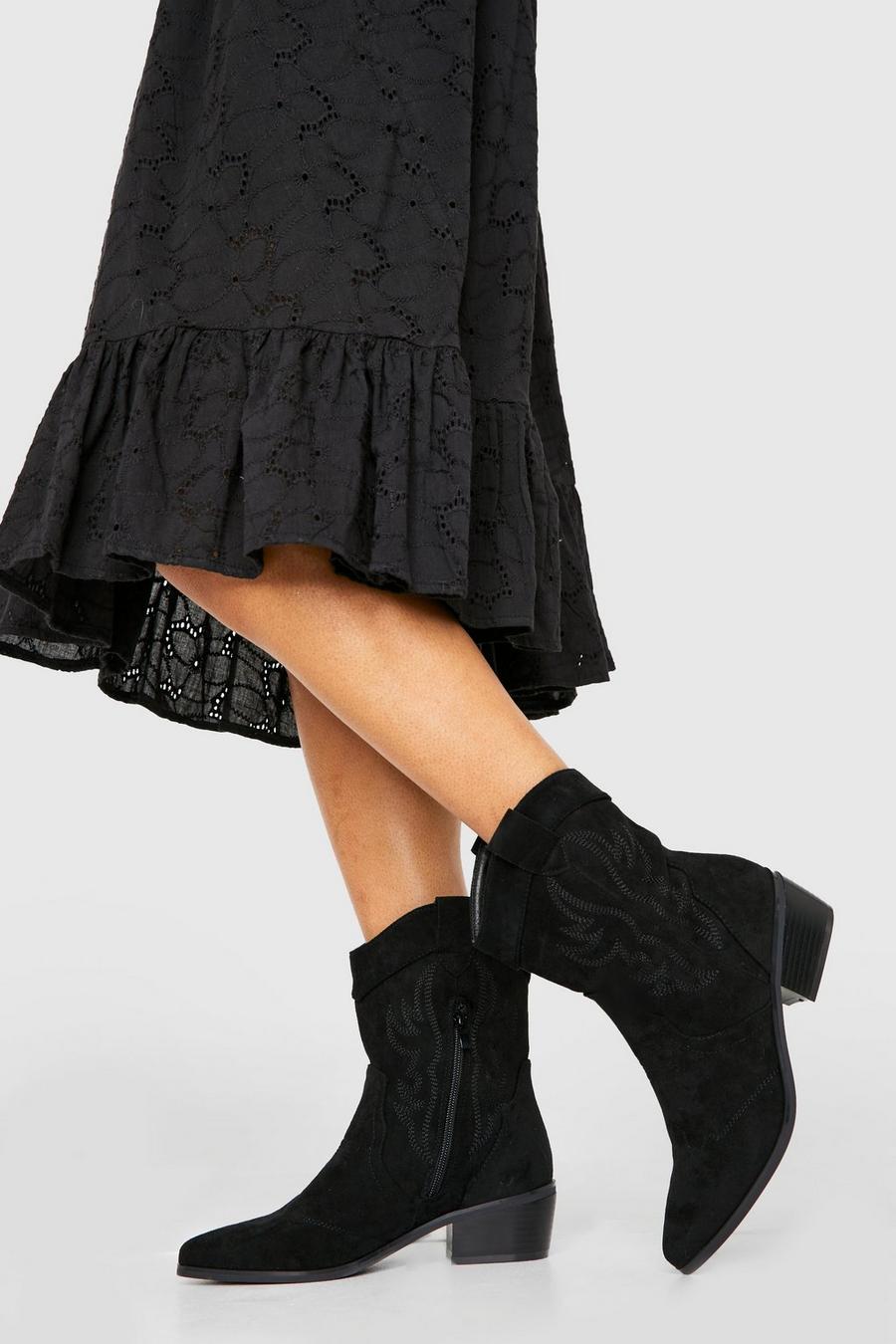 Black Embroidered Western Ankle Cowboy Boots