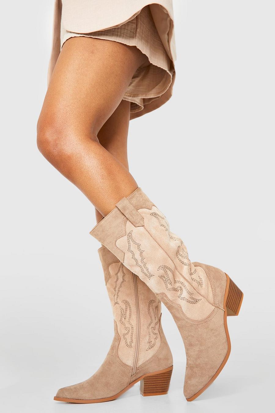 Beige Contrast Panel Detail Western Cowboy Low Boots image number 1