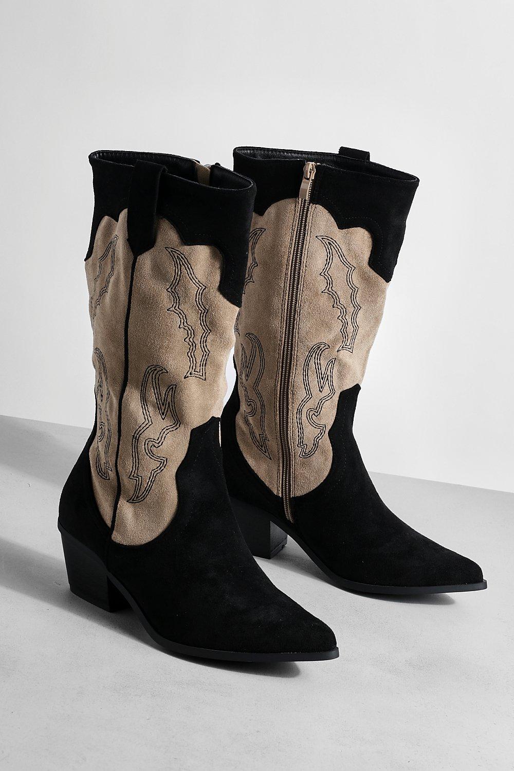 Contrast Panel Detail Western Cowboy Boots