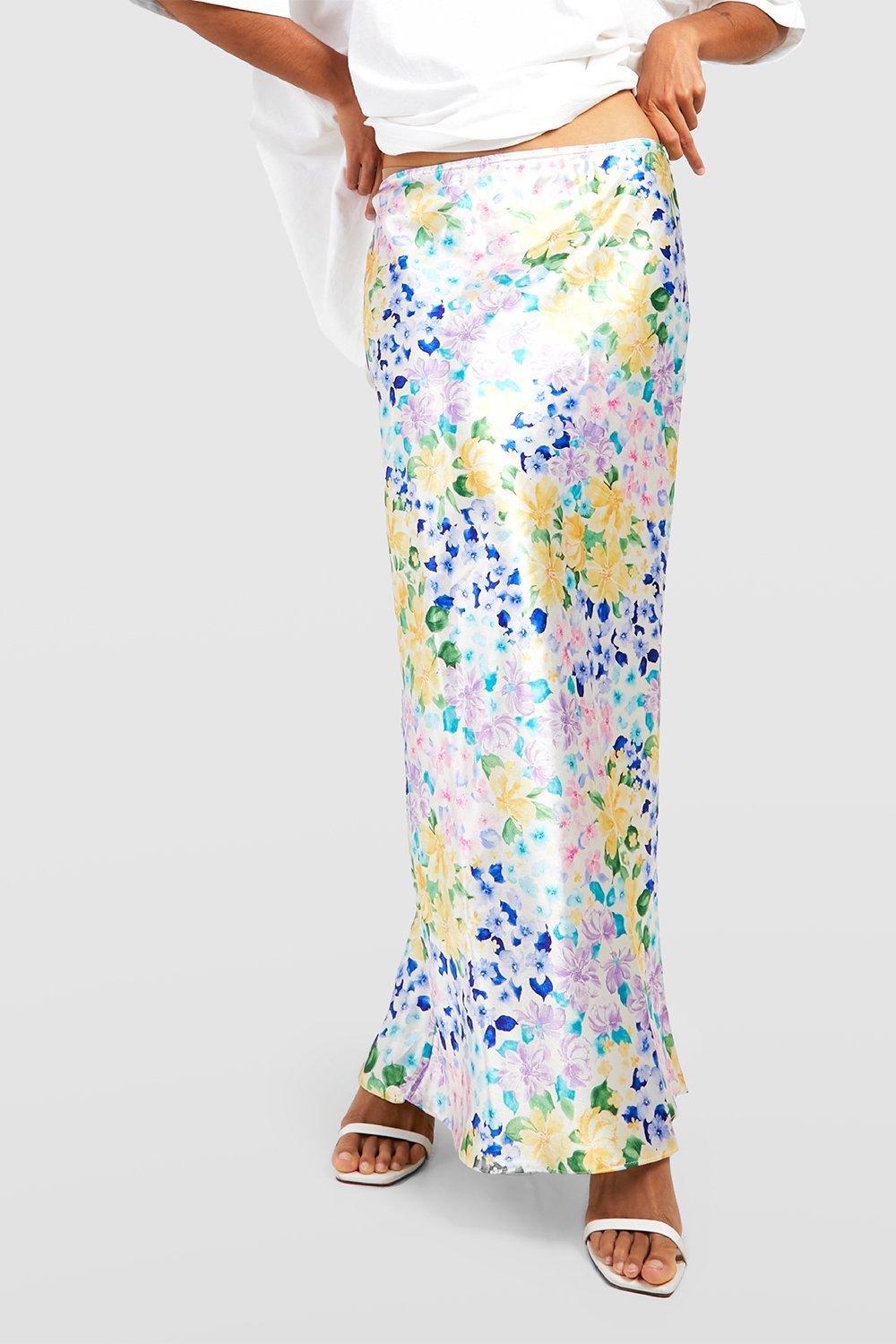 Satin Multi Floral Print Midi Skirt