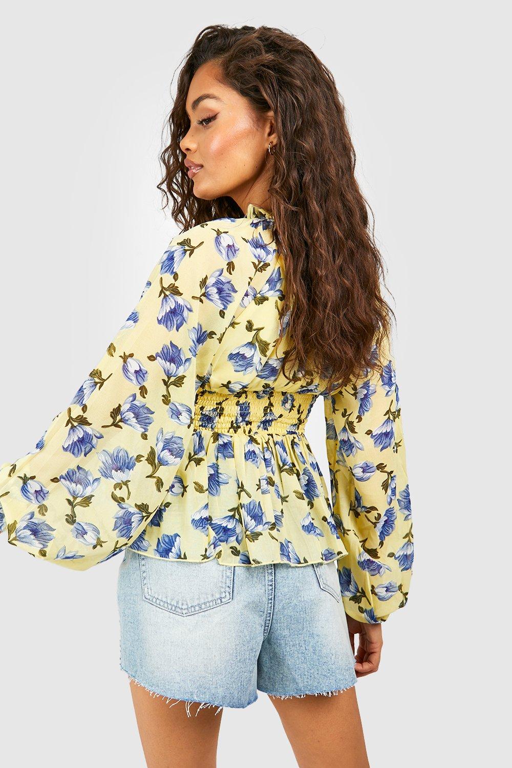 Floral Chiffon Shirred Blouse boohoo IE