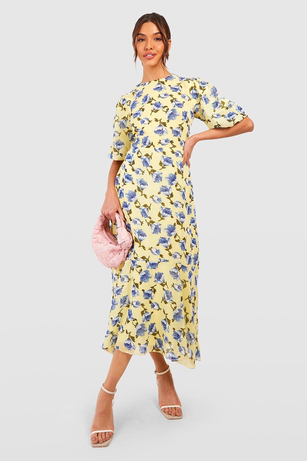 Floral Chiffon Puff Sleeve Midi Dress