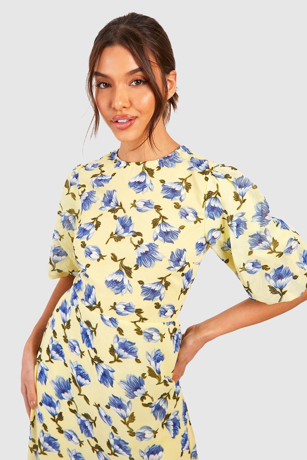 Floral Chiffon Puff Sleeve Midi Dress | boohoo