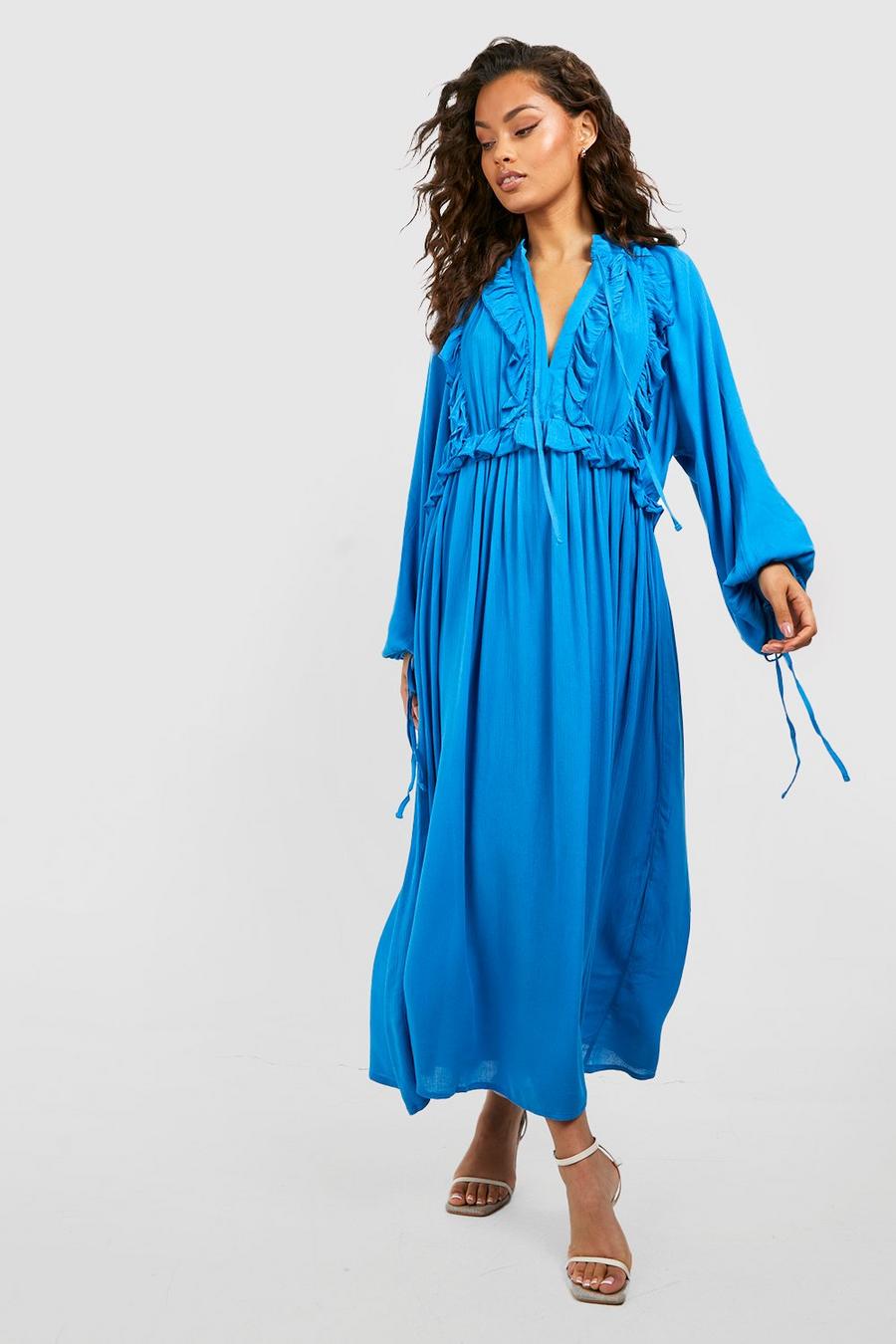 Bright blue Frill Detail Midaxi Smock Dress image number 1