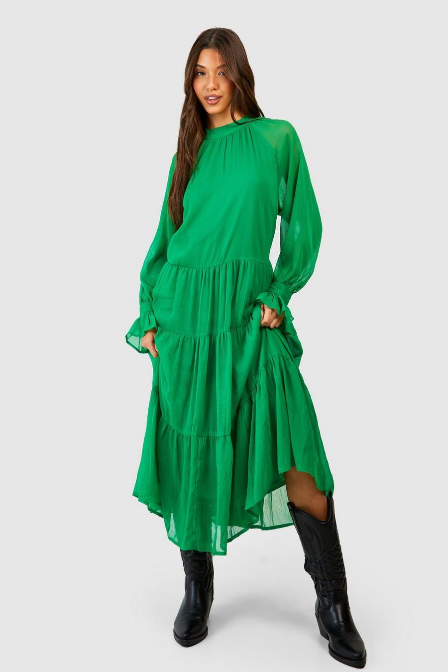 Bright green Chiffon Tiered Midi Dress