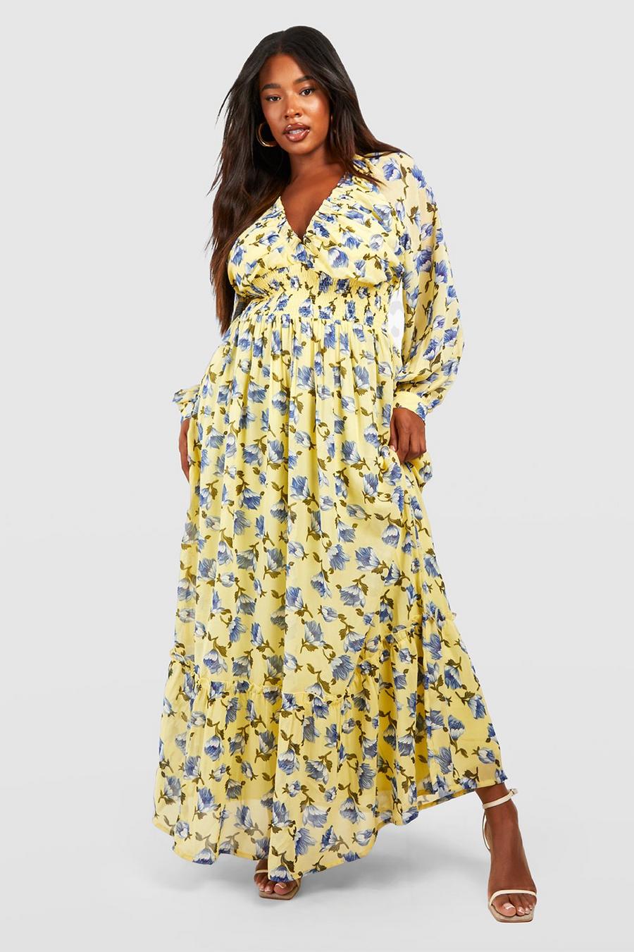 Yellow Plus Floral Shirred Waist Maxi Dress
