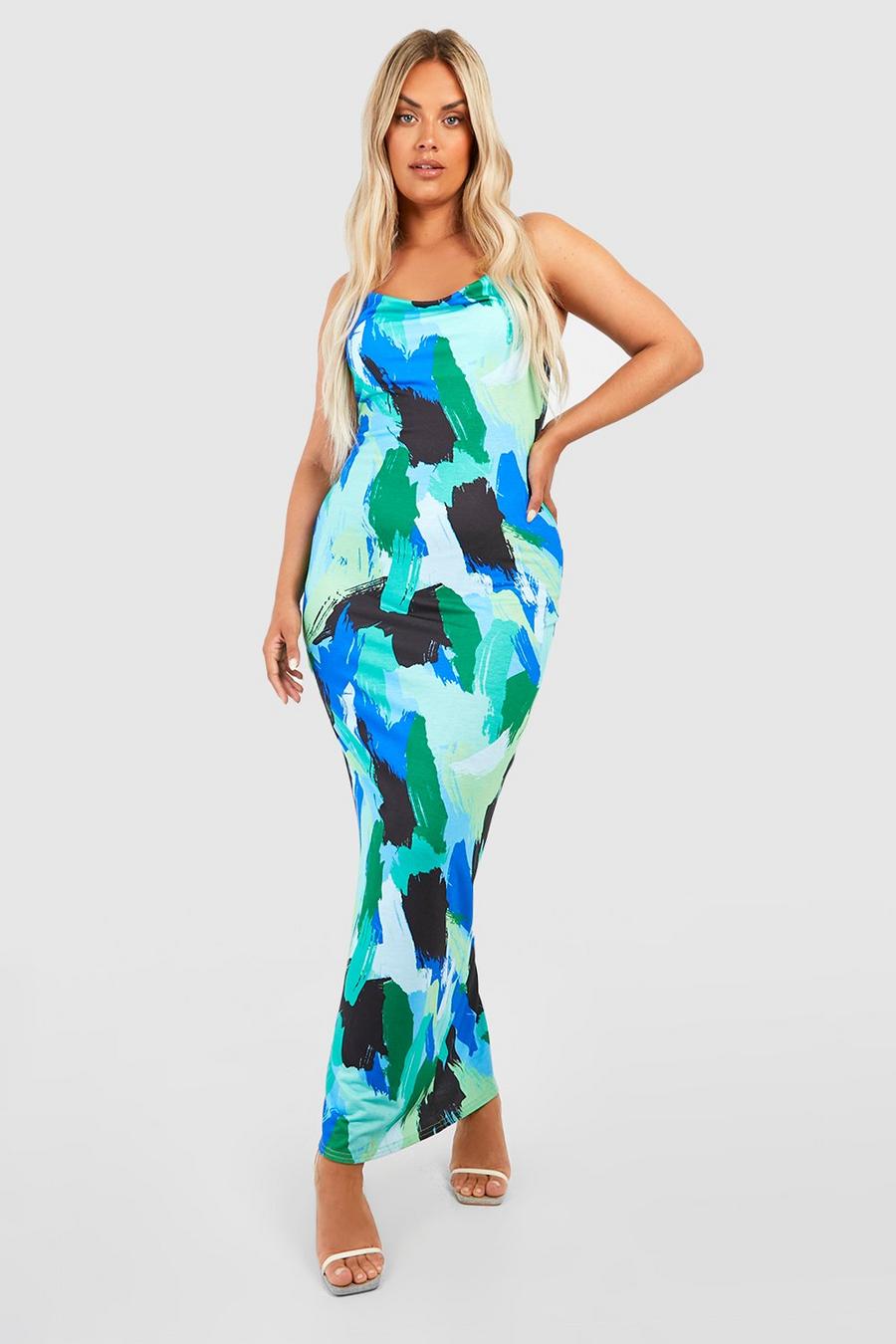 Blue Plus Abstract Print Cowl Neck Maxi Dress image number 1