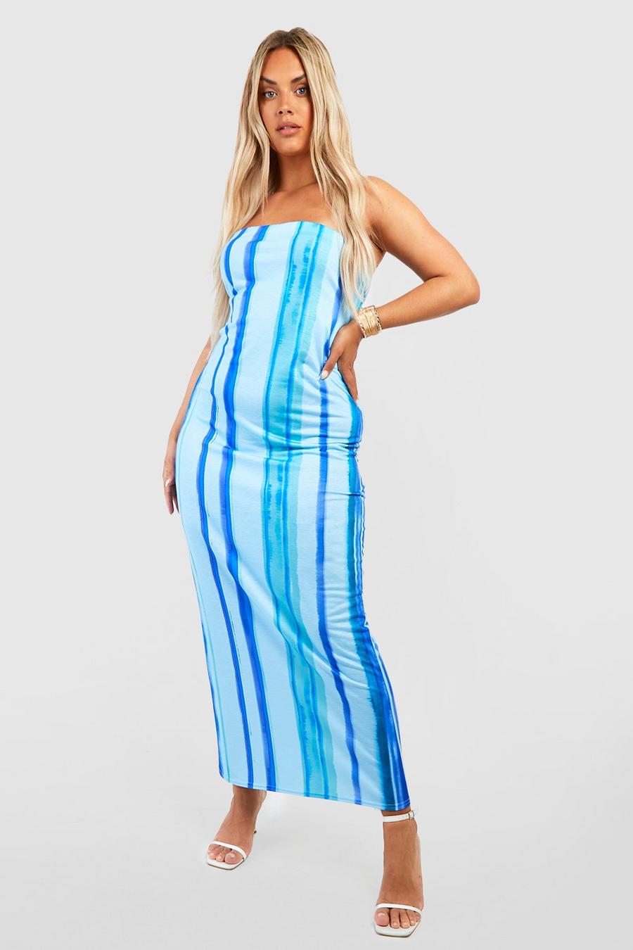 Blue blå Plus Ombre Stripe Basic Bandeau Maxi Dress
