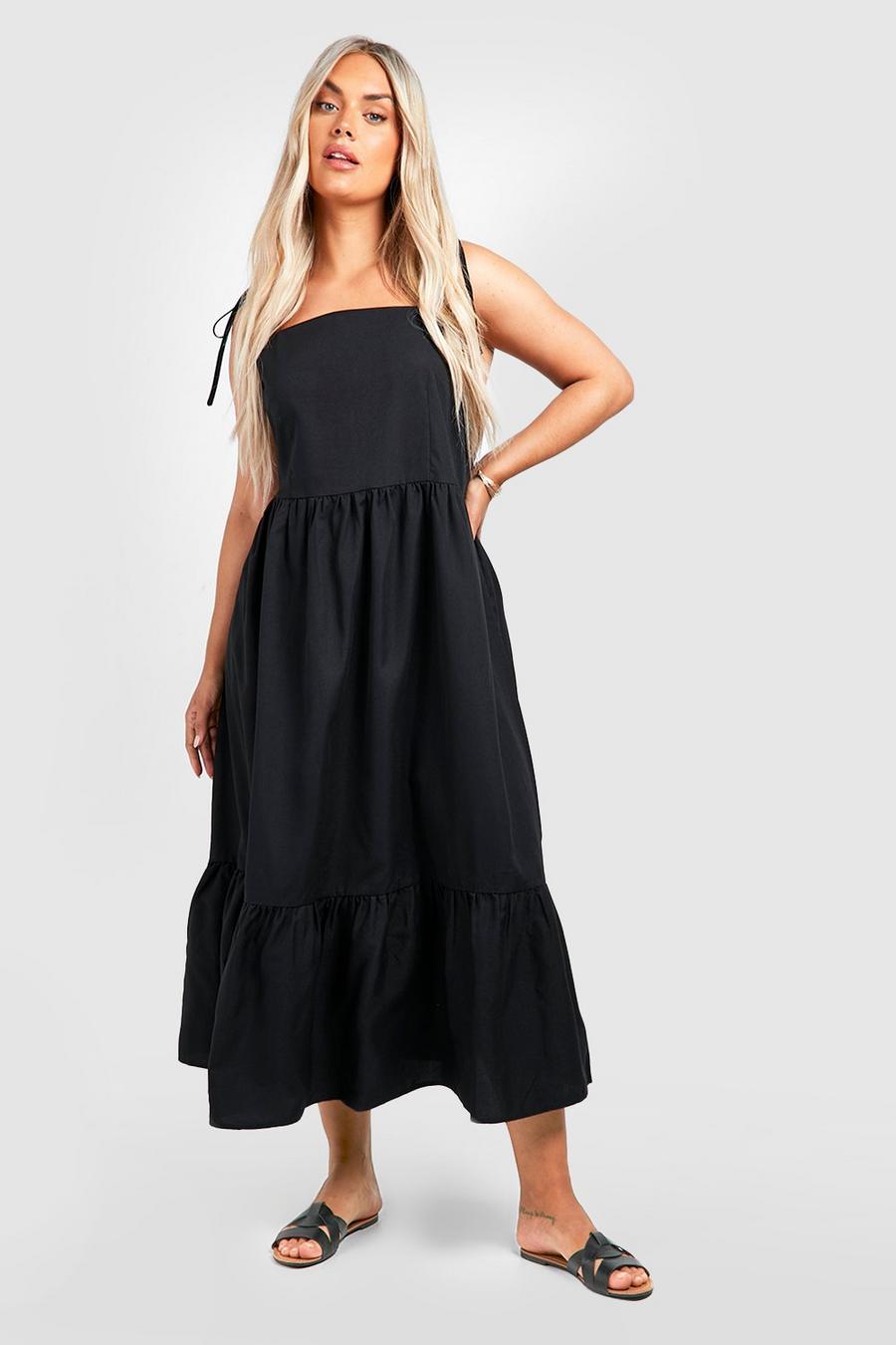 Black Plus Woven Tie Strap Tiered Midi Dress image number 1