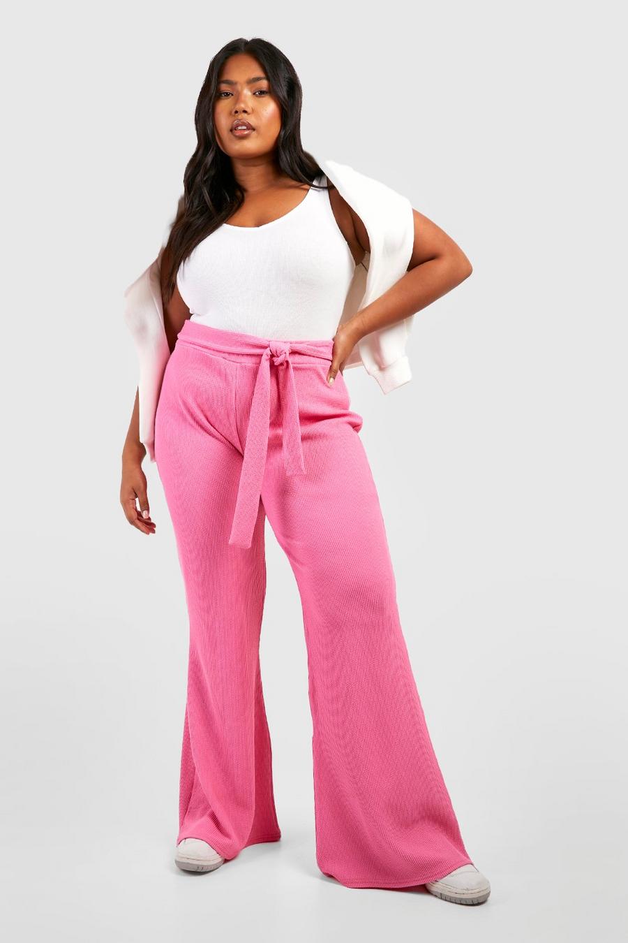 Women's Plus Ripple Textured Belted Flare Trousers | Boohoo UK