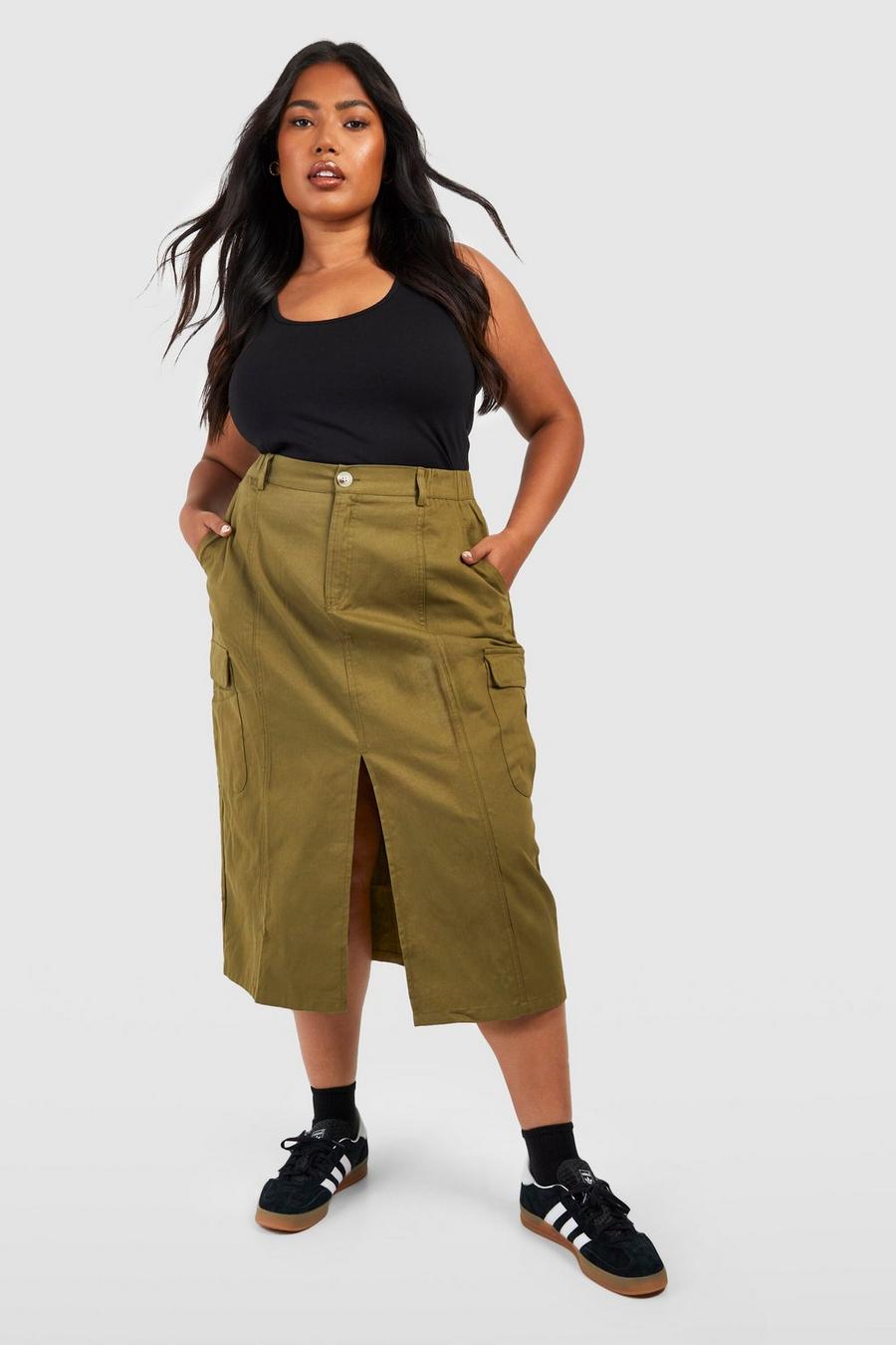 Gonna midi Plus Size stile Utility, Khaki