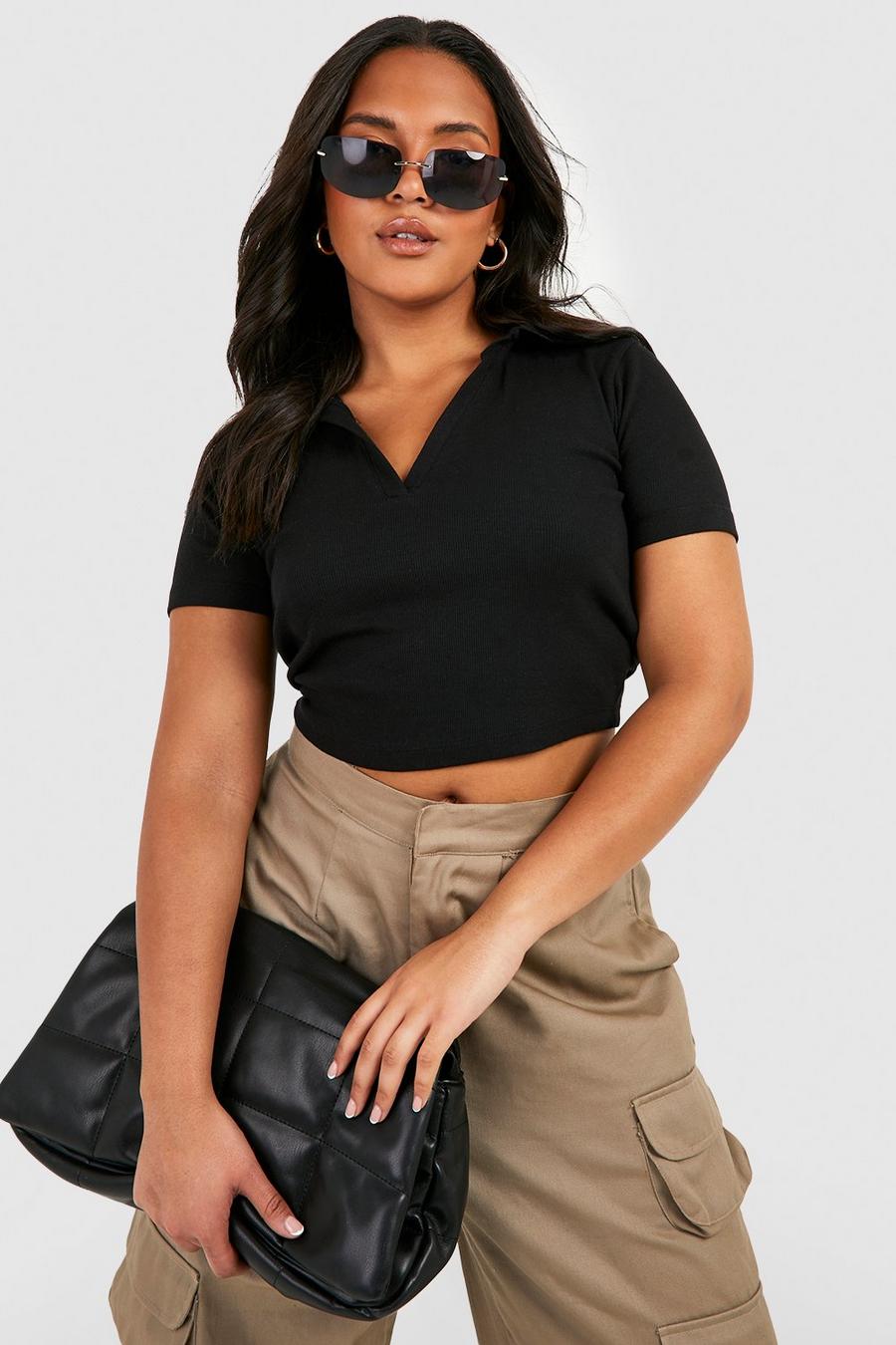 Black Plus Short Sleeve Cropped Polo Top image number 1