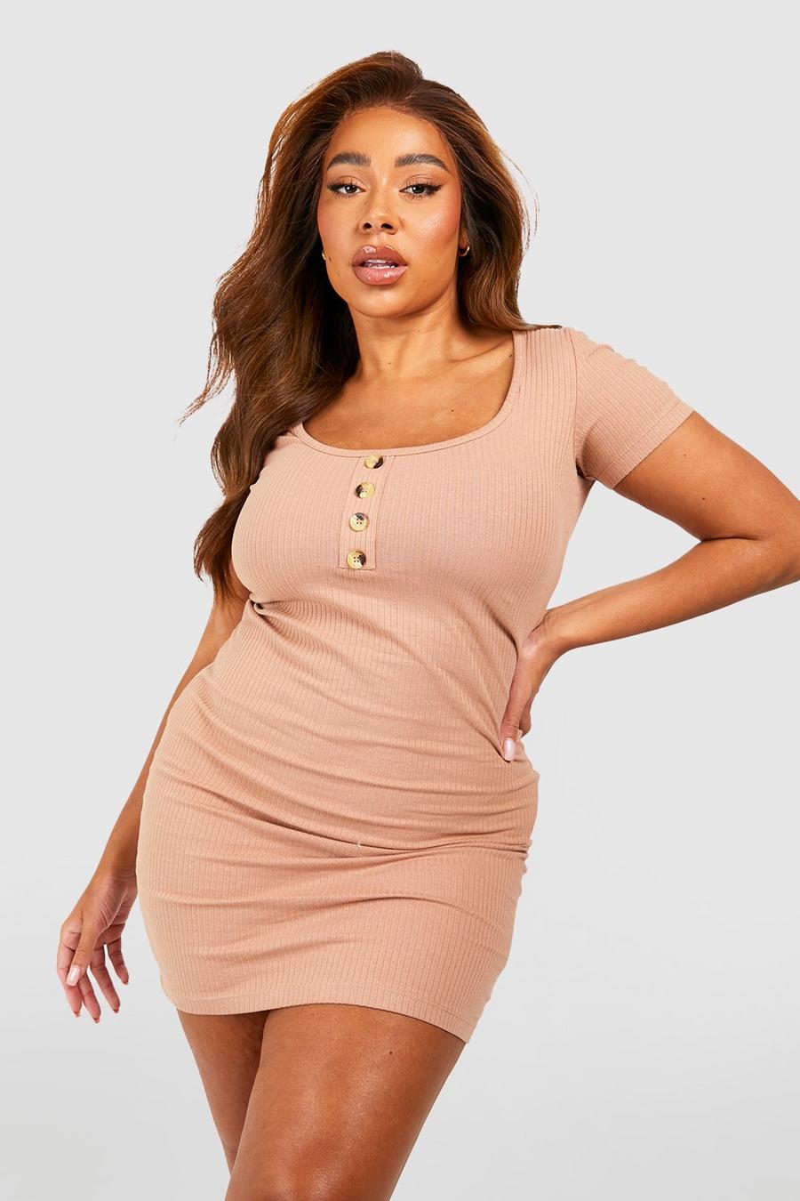 Taupe Plus Short Sleeve Horn Button Mini Dress image number 1