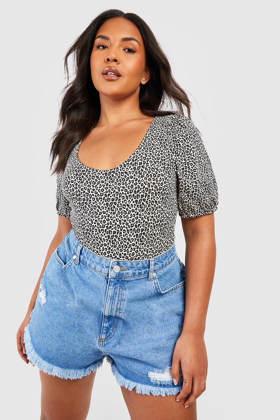 Plus Leopard Print Puff Sleeve T-shirt image number 1