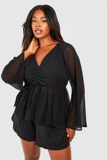 Plus Dobby Rouched Smock Top black