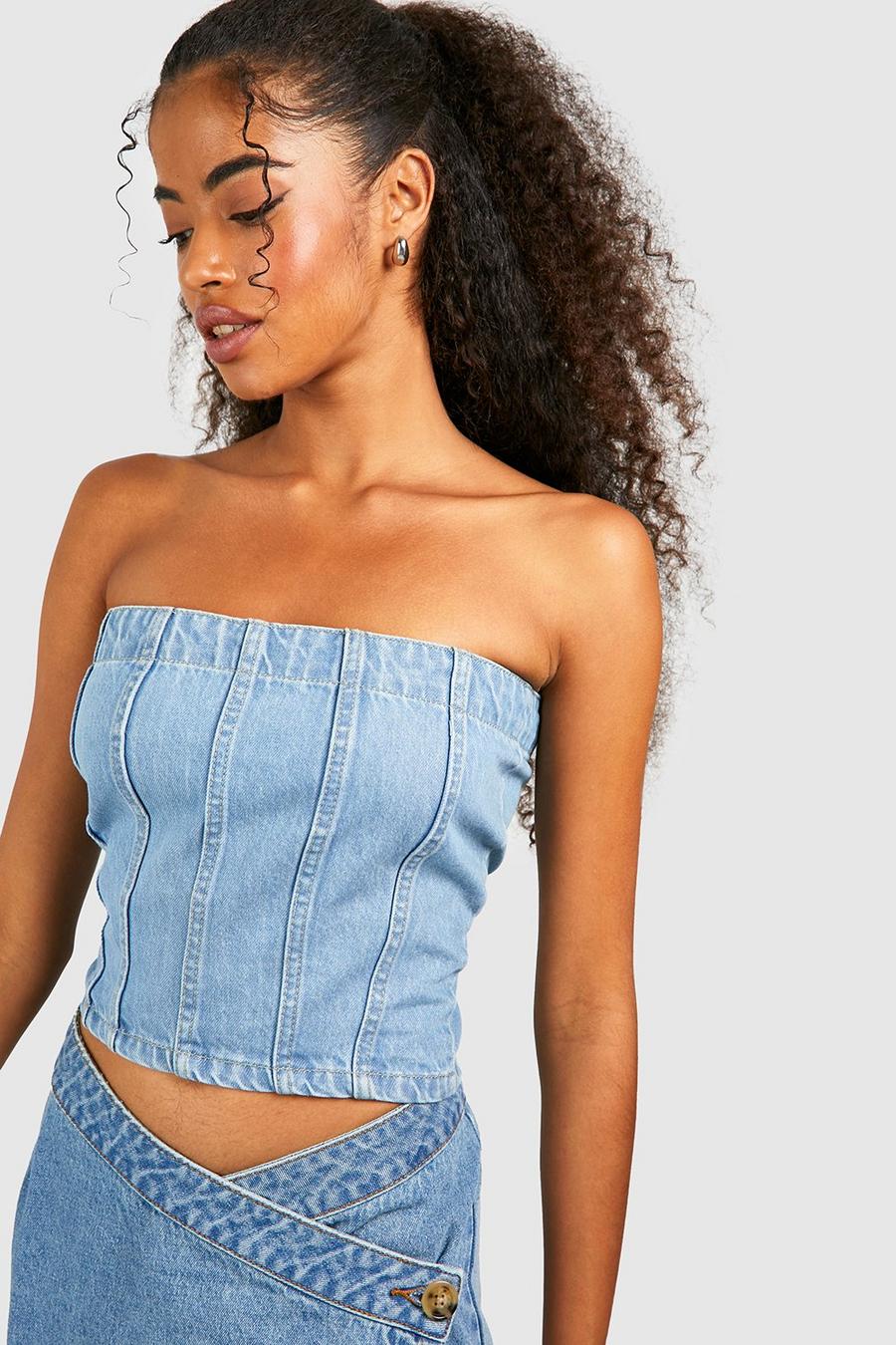 Crop top in denim a fascia con cuciture, Mid wash image number 1