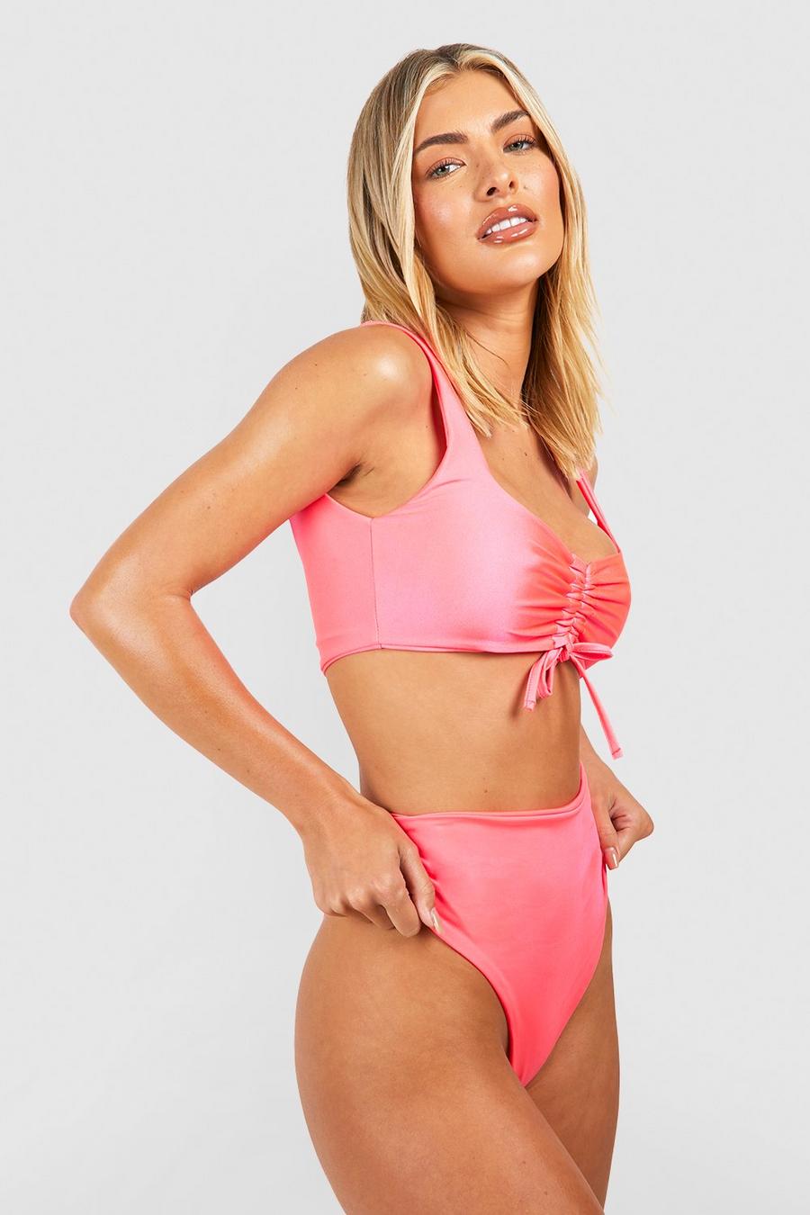 Mix & Match Bikinihose mit hohem Bund, Neon-pink