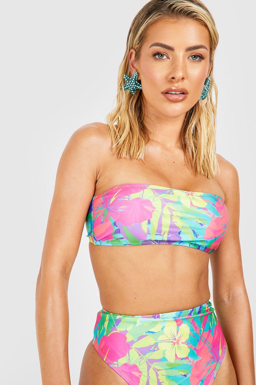 Bright green Axelbandslös bikiniöverdel med tropiskt mönster image number 1