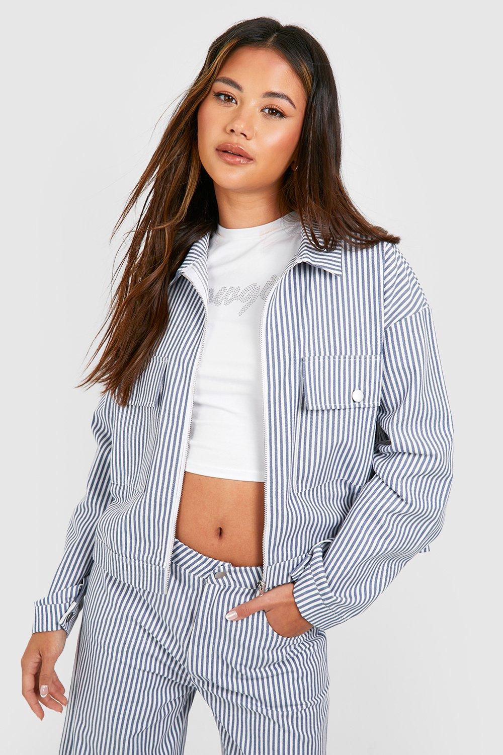 Striped denim hot sale jacket womens