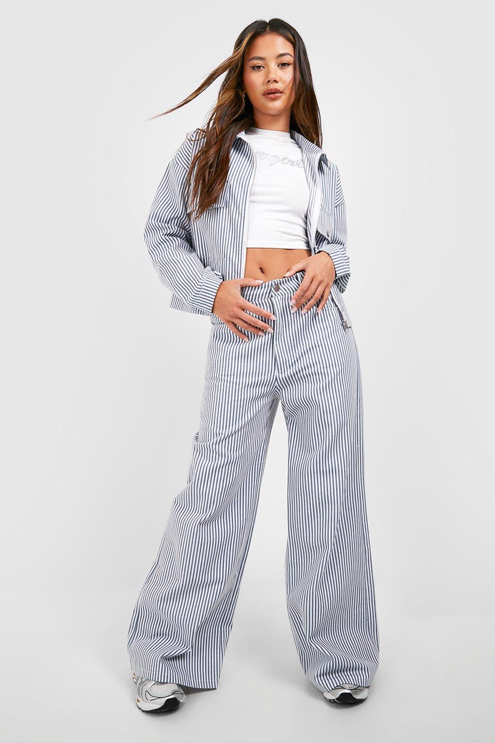 Stripe Chambray Denim Wide Leg Jeans