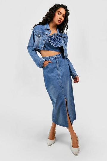 Split Front Denim Maxi Skirt mid blue