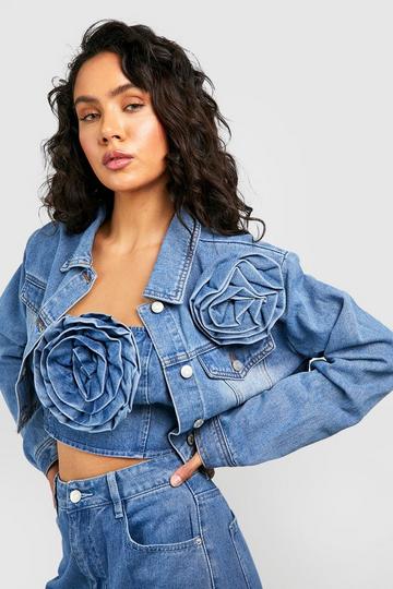 Rose Corsage Crop Denim Jacket mid blue