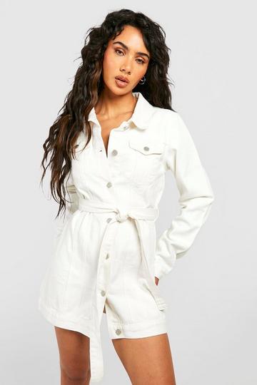 White Belted Western Denim Micro Mini Shirt Dress