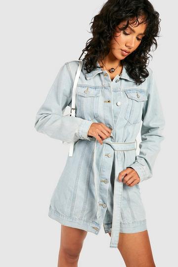 Kleine Western Denim Mini Blouse Jurk Met Ceintuur bleached blue