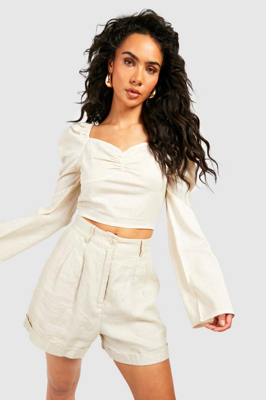 Stone Puff Sleeve Ruched Crop Top image number 1