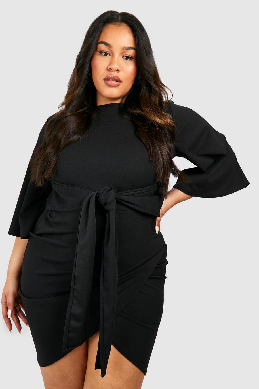 Black svart Plus Kimono Sleeve Tie Waist Wrap Dress