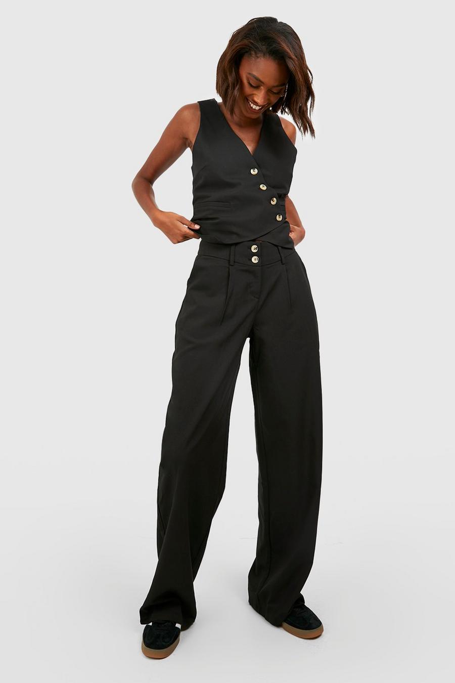 Black Mock Horn Double Button Wide Leg Tailored Trousers